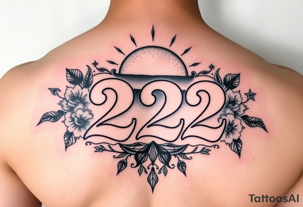 Bold 222 surrounded with sunset and love and stardust and vibration tattoo idea
