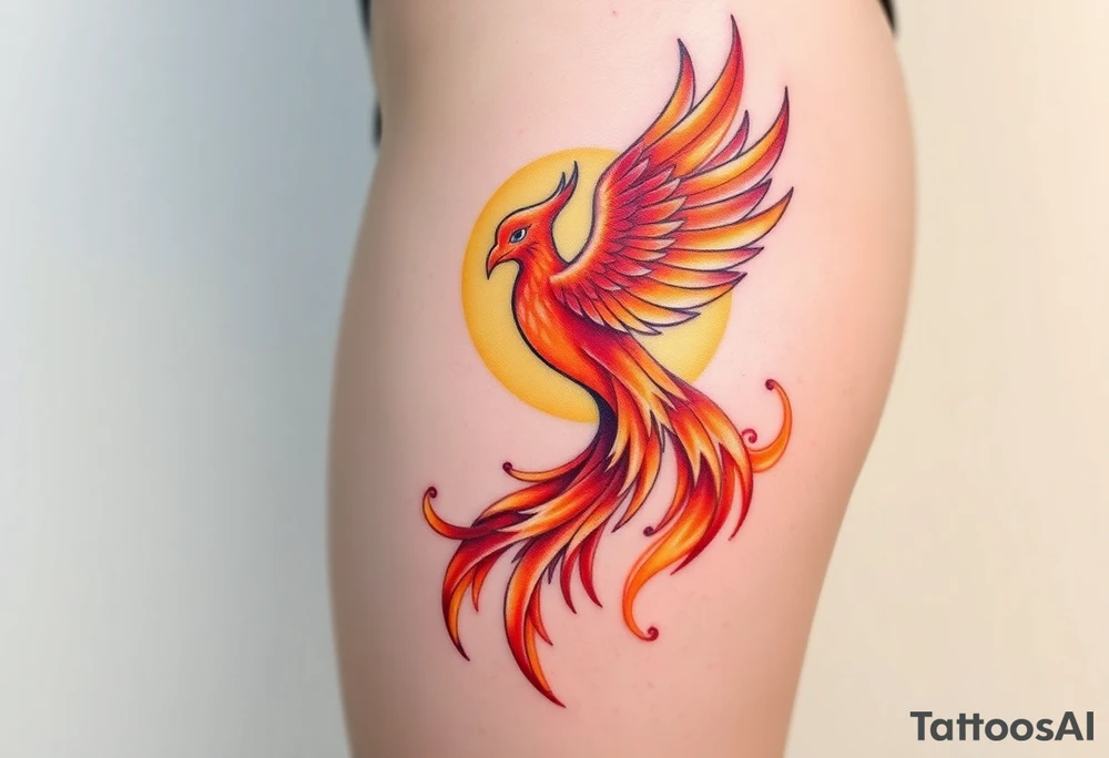 magnificent phoenix rising from flames with trailing embers pinks golds orange and yellows with a golden sunset and sky backdrop tattoo idea
