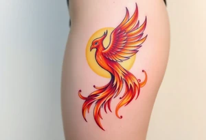 magnificent phoenix rising from flames with trailing embers pinks golds orange and yellows with a golden sunset and sky backdrop tattoo idea