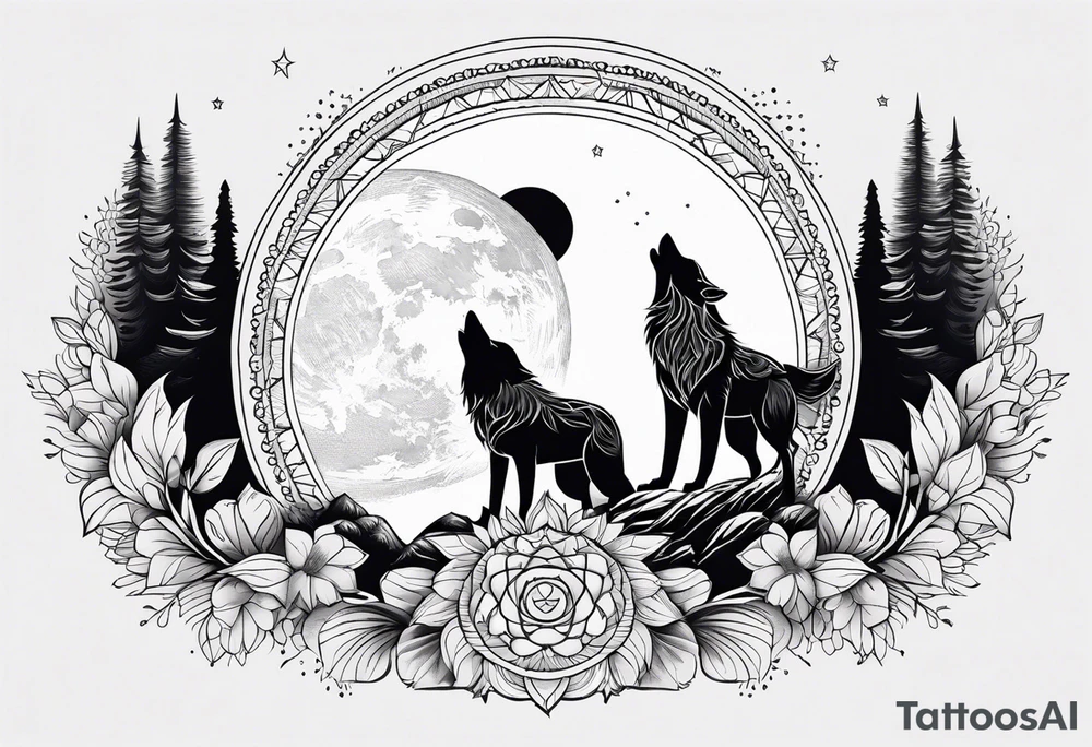 Mandala theme design with moon and wolves for forearms tattoo idea Mandala theme design with moon and wolves for forearms tattoo idea
