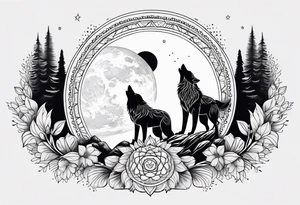 Mandala theme design with moon and wolves for forearms tattoo idea