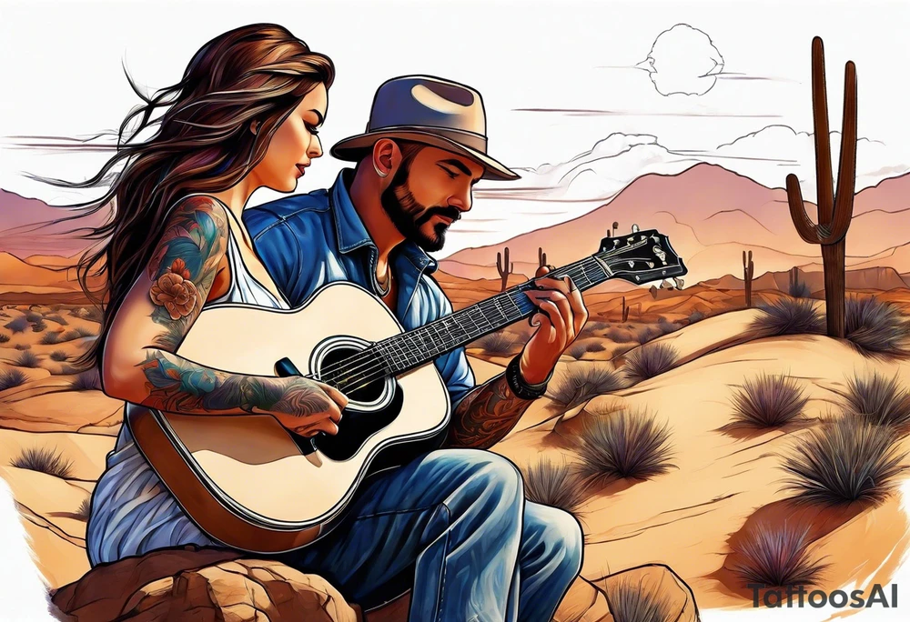 Desert scape. Guitar playing daughter and father tattoo idea