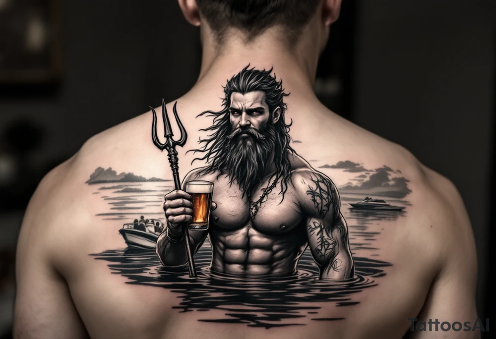 young, happy, fit poseidon in calm water, holding a trident, drinking a beer, with sunset, with ski boat tattoo idea