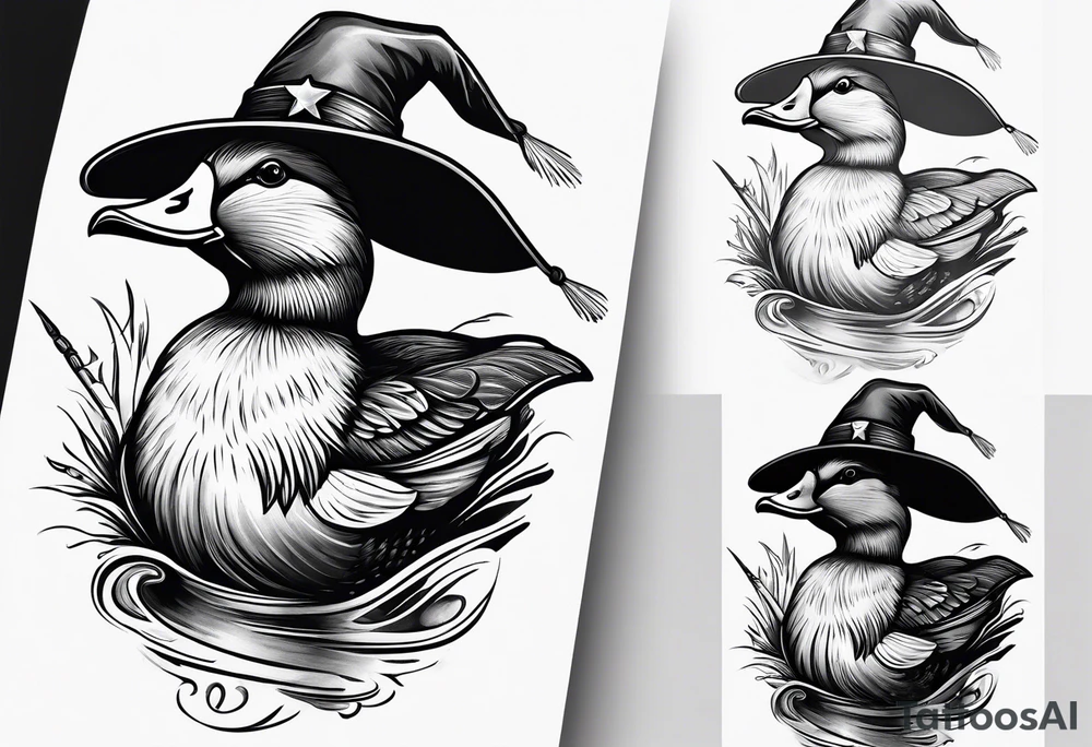 Mallard Duck with a wand and a wizard hat tattoo idea