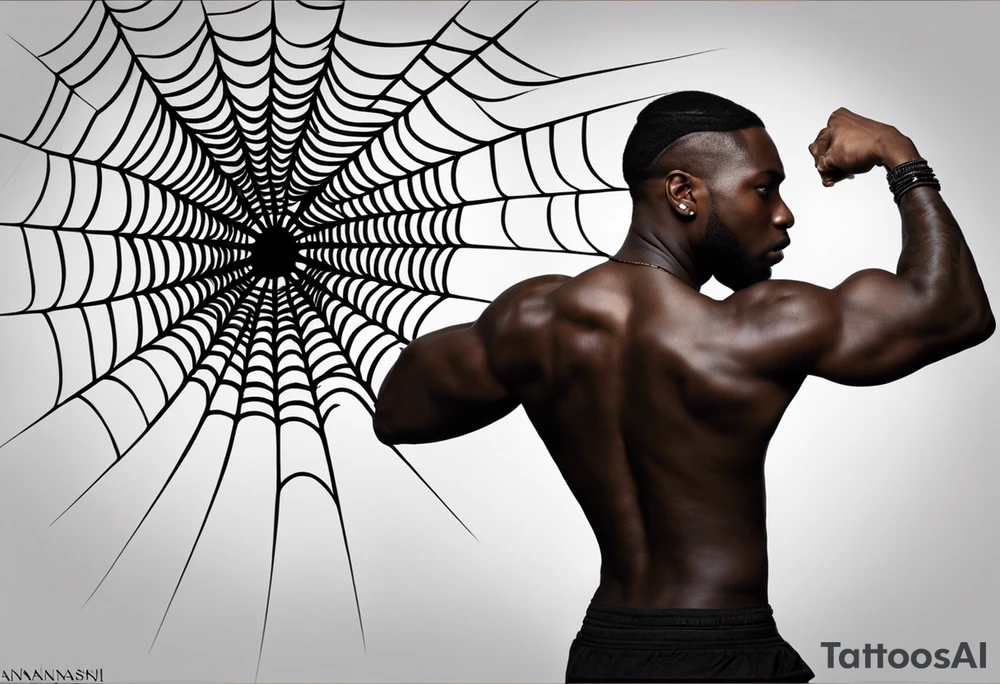 Design a powerful inner bicep tattoo for a dark-skinned black male featuring Anansi the Spider from Ghanaian mythology. Anansi is depicted weaving a web made from bright, crackling lightning bolts. The web extends outward from the center of the design, creating an intricate, flowing pattern. The lightning web should be sharp and dynamic, symbolizing energy and power, while Anansi sits calmly at the center, representing wisdom and control.

The spider should have a stylized, bold appearance, with strong, clean lines that stand out on dark skin. The lightning bolts in the web should feature bright, vivid colors like electric blue or white, contrasting well against the dark skin tone. Surrounding the web, subtle clouds or storm elements should fade into the background to create depth and dimension without overpowering the central design. Ensure that the web and lightning bolts are the primary focus, with fine detail that reflects both strength and intellect.”
Inner bicep tattoo idea