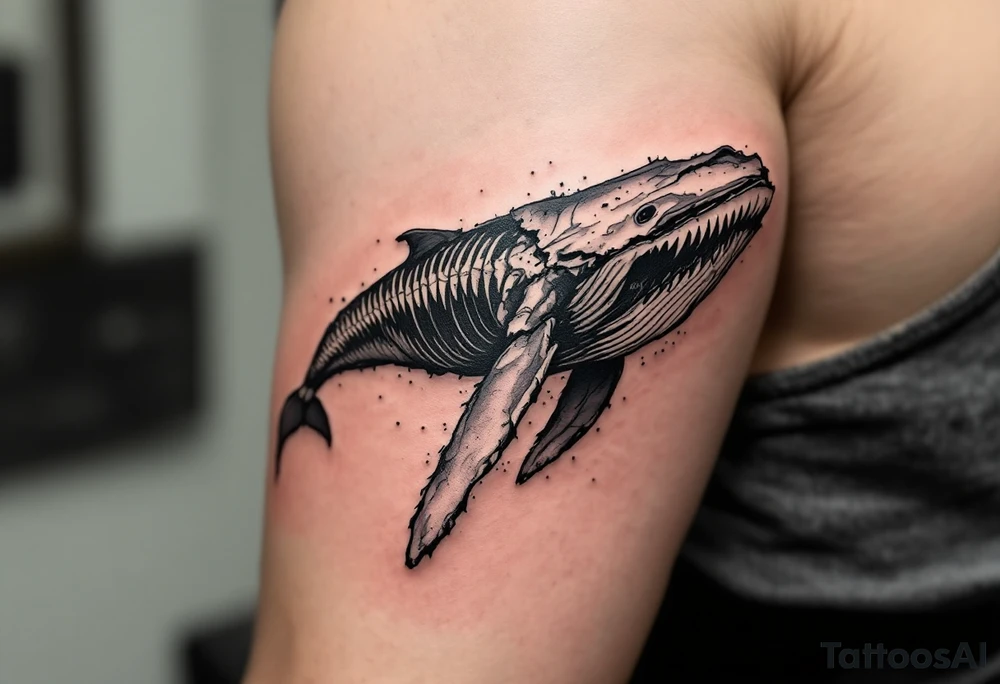 I press on toward the goal for the prize of the upward call of God in Christ Jesus. represented by a whale moving upwards. idea is basically a whale that's damaged and torn exposing the skeletal innerts, but it's still fiercely moving forward as hard as it can. tattoo idea