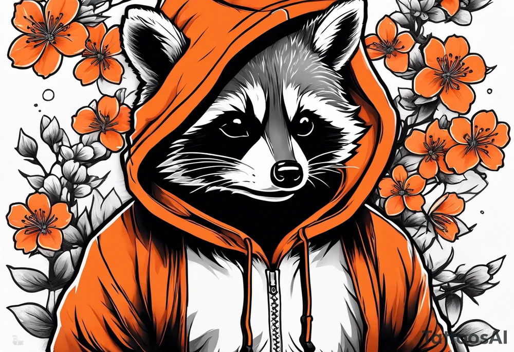 Raccoon wearing a white Superman logo on a black hoodie and orange Japanese cherry blossoms beside tattoo idea