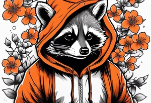 Raccoon wearing a white Superman logo on a black hoodie and orange Japanese cherry blossoms beside tattoo idea