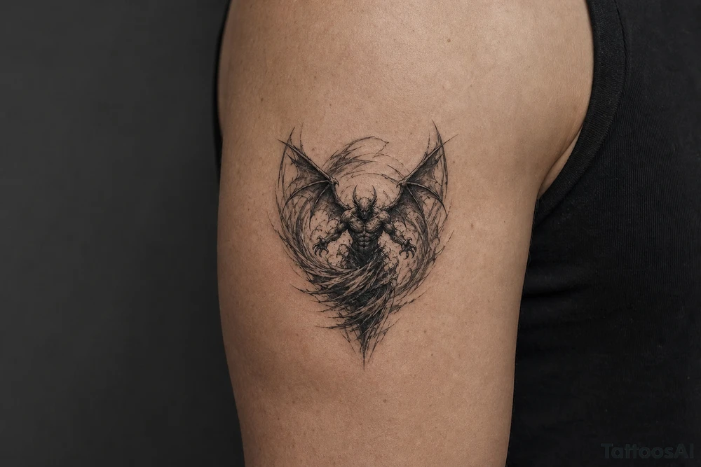 Winged air demon emerging from a swirling wind vortex, dark fantasy style. tattoo idea