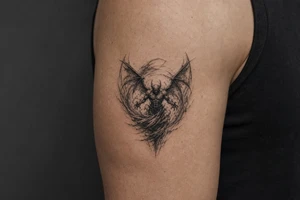 Winged air demon emerging from a swirling wind vortex, dark fantasy style. tattoo idea