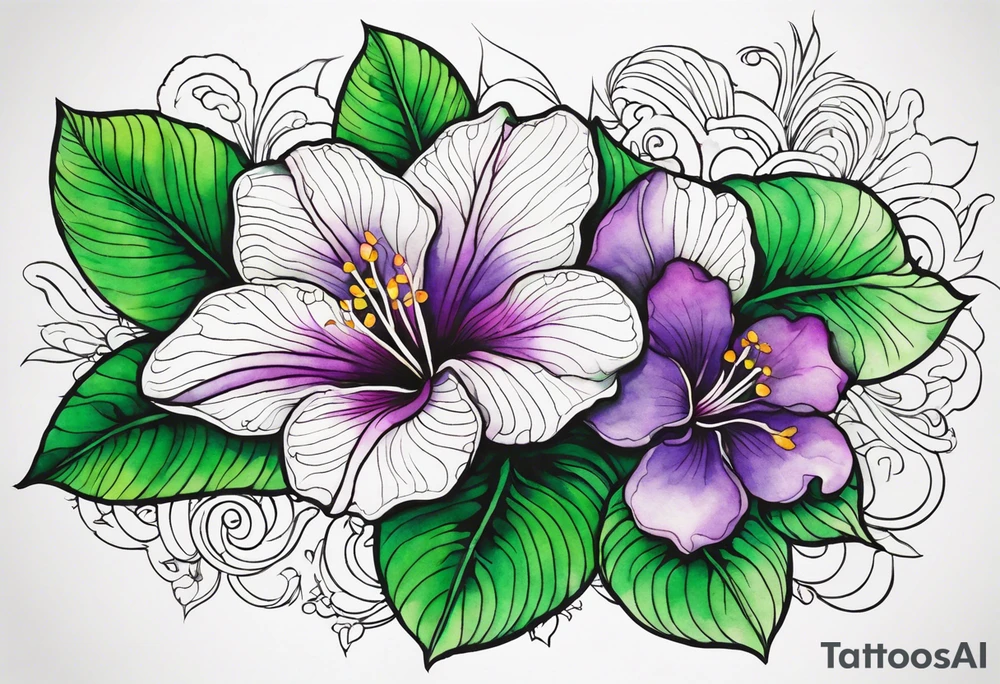 An outline of a rio dipladenia flower with a green and purple watercolor mix in the background tattoo idea