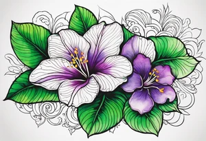 An outline of a rio dipladenia flower with a green and purple watercolor mix in the background tattoo idea