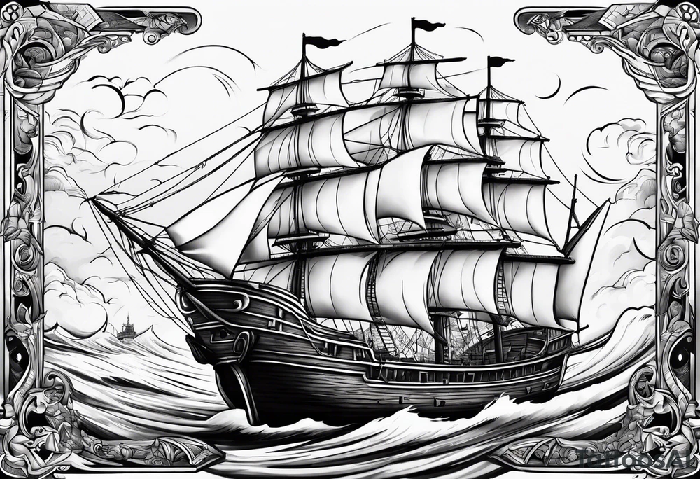 4 story wooden ship where one plank coloured. Rest of the image is black and white tattoo idea