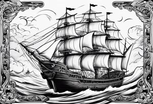 4 story wooden ship where one plank coloured. Rest of the image is black and white tattoo idea