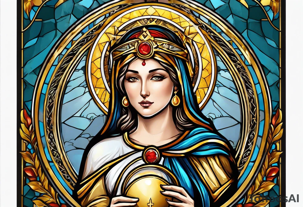 holy saint woman with golden halo holding a chalice tattoo idea