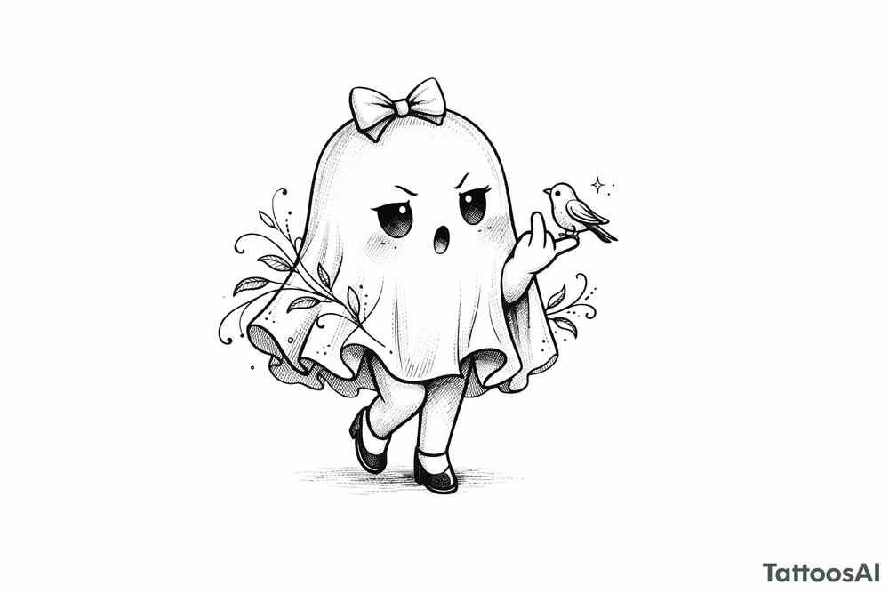 Cute ghost with legs in a bow giving the bird, anime style, soft shading, small. tattoo idea