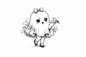 Cute ghost with legs in a bow giving the bird, anime style, soft shading, small. tattoo idea