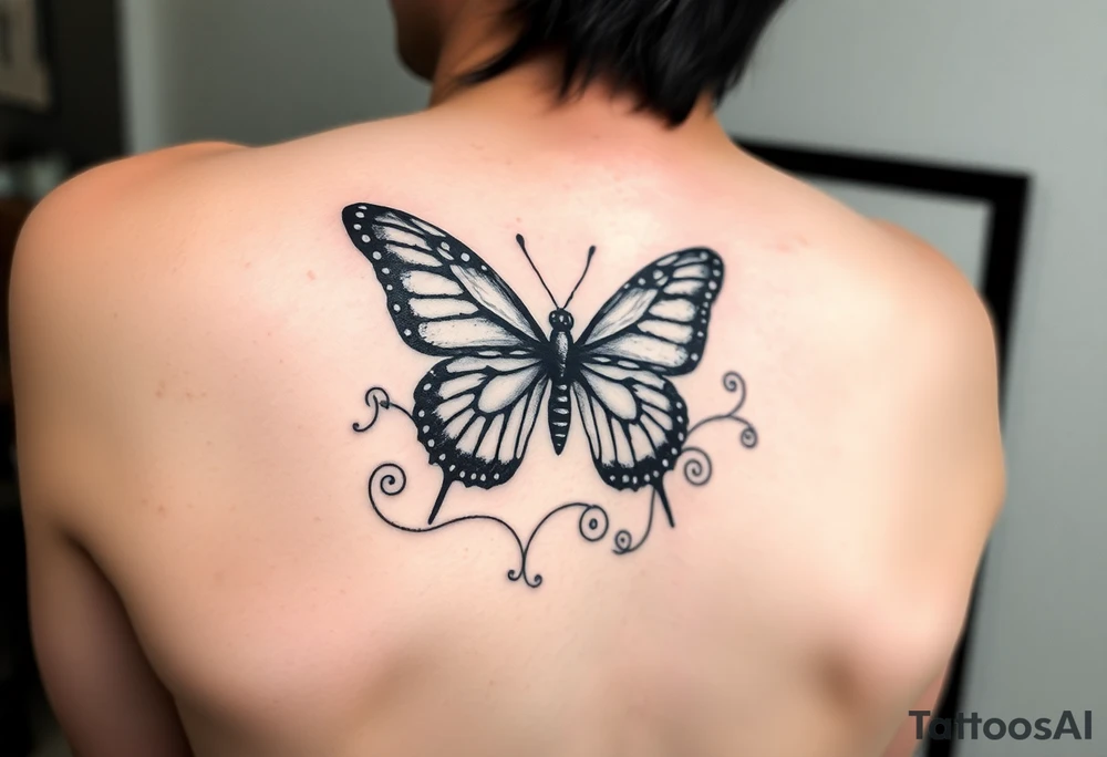 Half butterfly behind ear with swirls tattoo idea