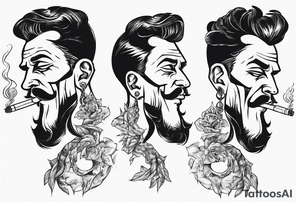 one full-length man with earrings in his ears standing there smoking a cigarette. tattoo idea