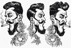 one full-length man with earrings in his ears standing there smoking a cigarette. tattoo idea