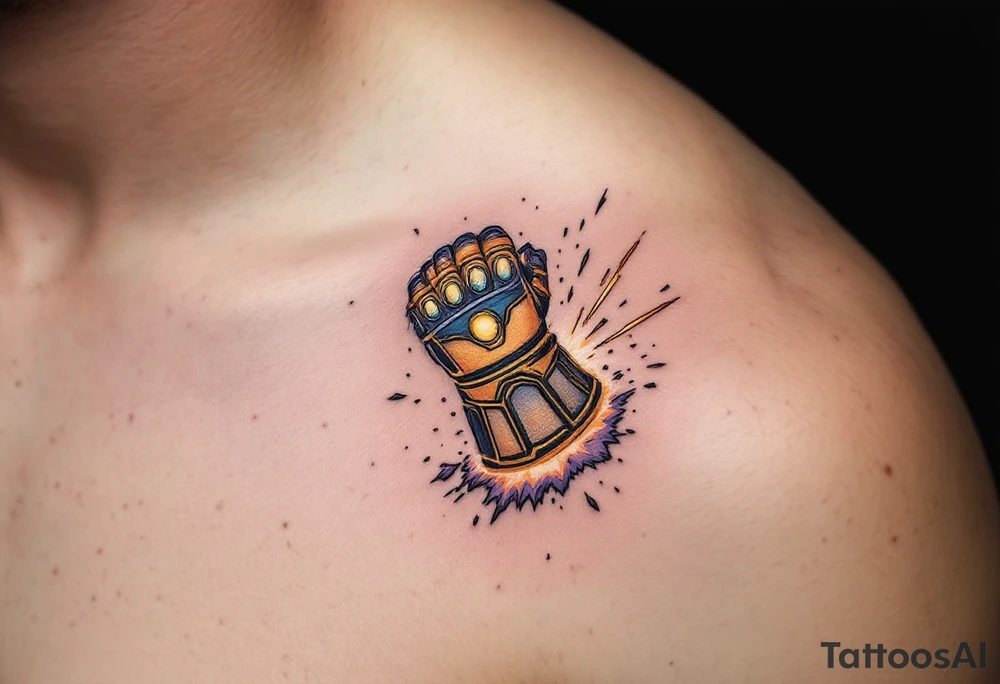 Stormbreaker crashing into Thanos’ Infinity Gauntlet, with sparks flying and tattoo idea