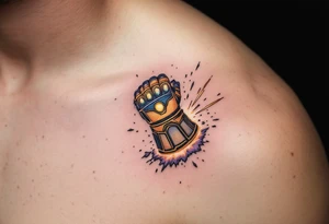 Stormbreaker crashing into Thanos’ Infinity Gauntlet, with sparks flying and tattoo idea