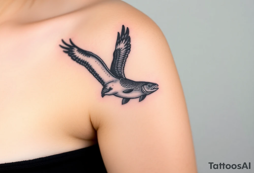 Osprey in flight with a trout grasped between its talons tattoo idea