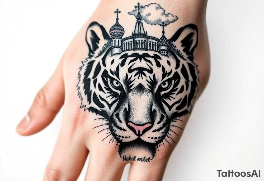 Realistic relic style tiger face on the back of the hand with strong contrast and fine detail with its eyes completely black. with a highly detailed Russian Orthodox cathedral sitting above on fore arm with onion domes and orthodox crosses, done in fine line, engraving-like style. Cohesive composition, black ink only, no color, high contrast, slightly aged, documentary-style, plain light background. with clouds above and a virgin mary 
spanning from my hand to lower fore arm tattoo idea
