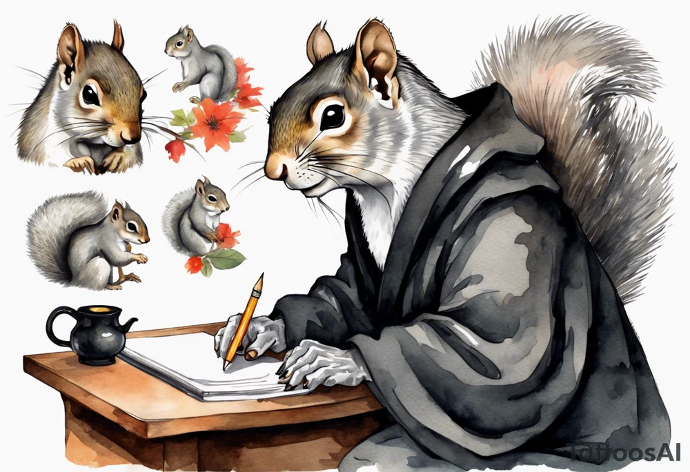an elderly grey squirrel with a long beard wearing a black robe witting at a desk tattoo idea