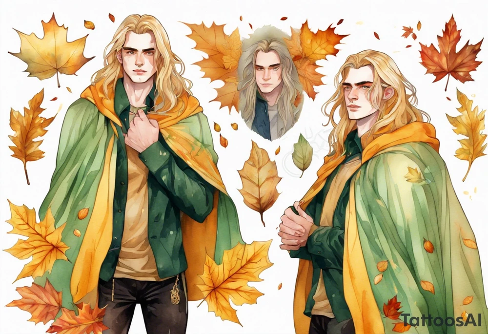 A young handsome man with pale green skin with long gold hair wearing a gold cloak surrounded by autumn leaves tattoo idea
