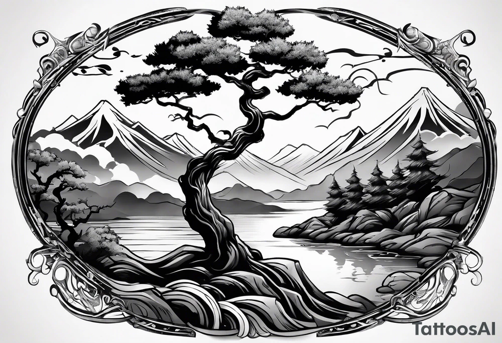 Full arm sleeve, tree going up to shoulder dead tree going down to wrist, wrapped in a serpent moving down with mountain and water elements tattoo idea