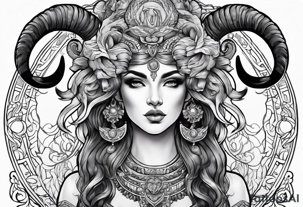 Aries goddess with ram horns tattoo idea