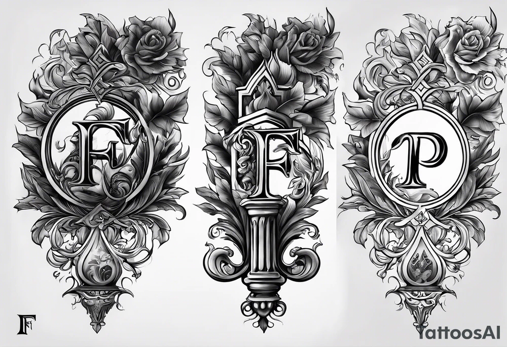 A backwards capital F next to a capital P with design elements around it. The left side should have elements of fire. The right side should have something that is fireproof or the opposite of fire. tattoo idea
