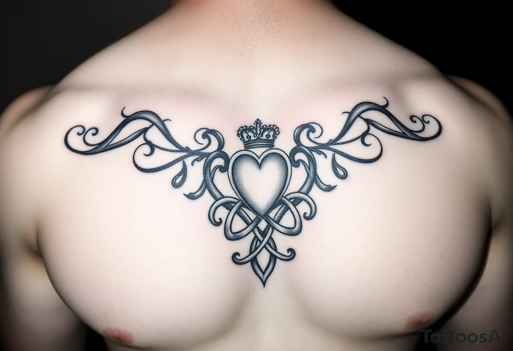 Design a tattoo for a man’s chest of a woman’s name (Michelle). There should be a claddagh and a Celtic knot entertwined. tattoo idea