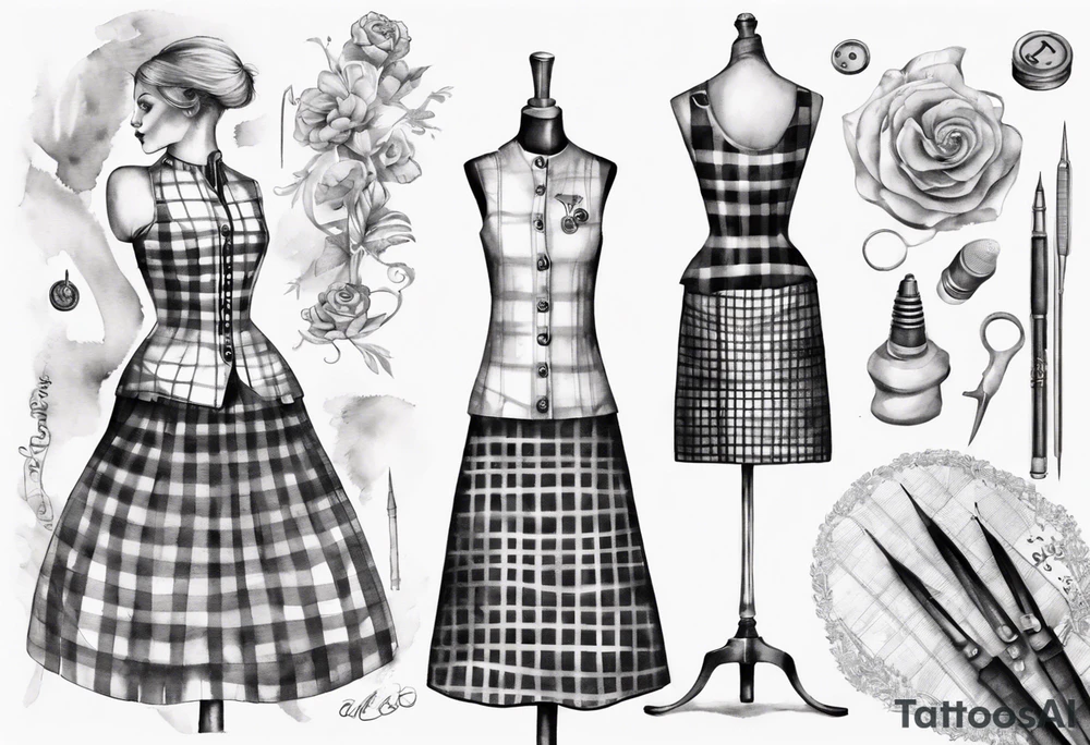 Tailor's mannequin in plaid woman's dress. Nearby a needle tracing two initials, plus a thimble. Dress Is composer by skirt and gilet. tattoo idea