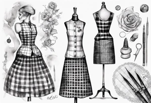 Tailor's mannequin in plaid woman's dress. Nearby a needle tracing two initials, plus a thimble. Dress Is composer by skirt and gilet. tattoo idea