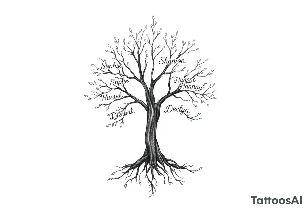 family tree tattoo with names sophie, chloe, shannon, hannah, hunter, jacob and declyn tattoo idea