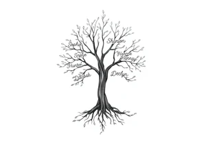 family tree tattoo with names sophie, chloe, shannon, hannah, hunter, jacob and declyn tattoo idea