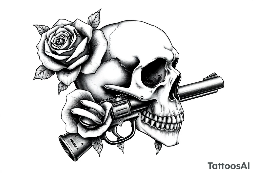A single thorny rose wrapping around a vintage revolver barrel, silhouetted by a skull. tattoo idea
