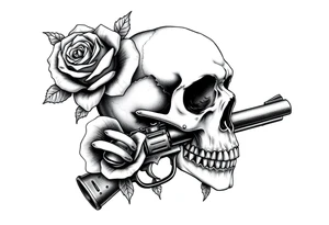 A single thorny rose wrapping around a vintage revolver barrel, silhouetted by a skull. tattoo idea