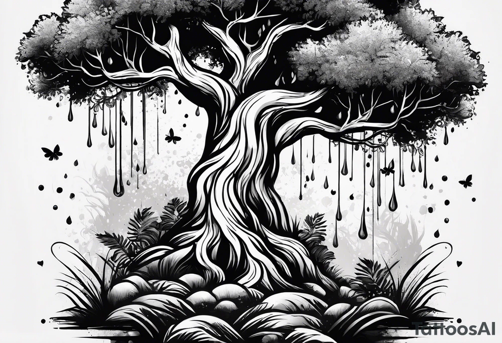 Árvore  de salgueiro 
com galhos grandes em um estilos melancólico  de dia de chuva tattoo idea
