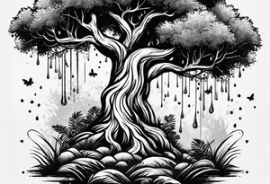 Árvore  de salgueiro 
com galhos grandes em um estilos melancólico  de dia de chuva tattoo idea