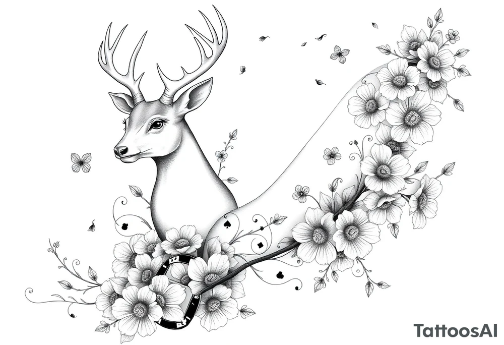 Casino theme with deer cards, dice poker, chips, and flowers and swirls in the background for a sleeve half sleeve tattoo idea