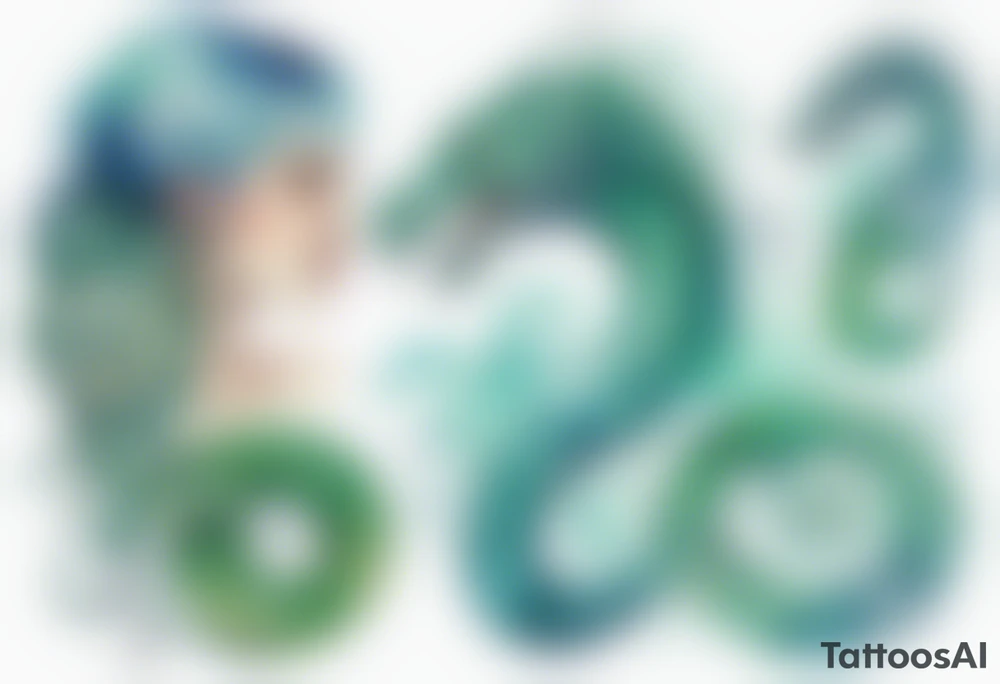 a sea serpent next to a women with blue-green hair wearing a white tunic tattoo idea