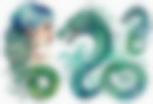 a sea serpent next to a women with blue-green hair wearing a white tunic tattoo idea
