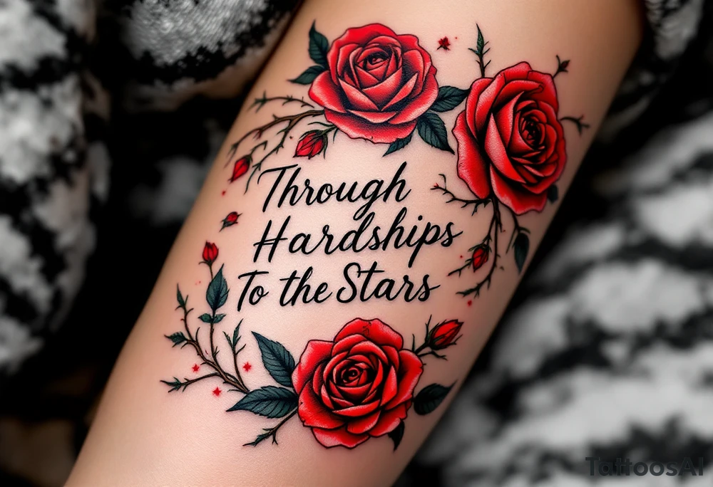 Surrounded by fiery-red roses and thorns, the phrase “Through Hardships To the Stars” weaves through the blooms. tattoo idea