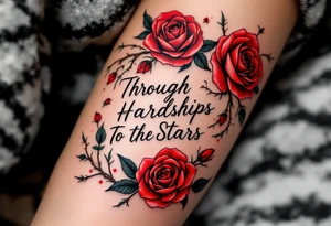 Surrounded by fiery-red roses and thorns, the phrase “Through Hardships To the Stars” weaves through the blooms. tattoo idea