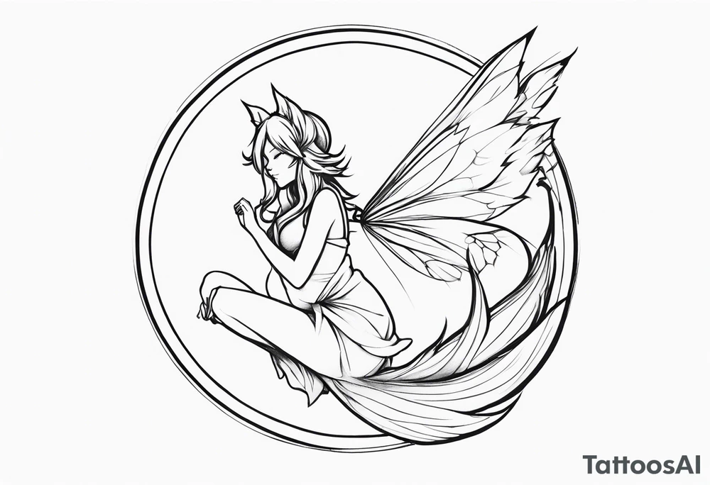 No color sketch of a fairy with a tail inspired by the guild symbol in the anime show called Fairy Tail in a fetal position leaning in and forward while crawled in hugging herself tattoo idea