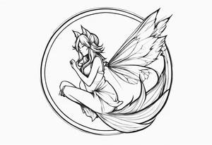 No color sketch of a fairy with a tail inspired by the guild symbol in the anime show called Fairy Tail in a fetal position leaning in and forward while crawled in hugging herself tattoo idea