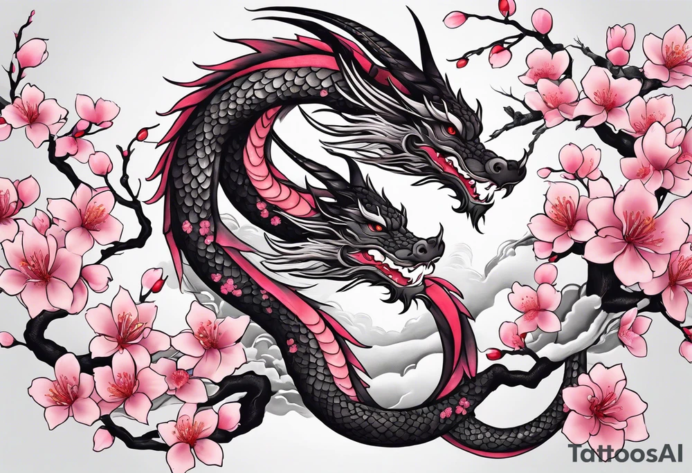 Delicate feminine simple dragon intertwined in cherry blossom, soft lines, soft dragon, pleasant dragon, beautiful cherry blossom tattoo idea